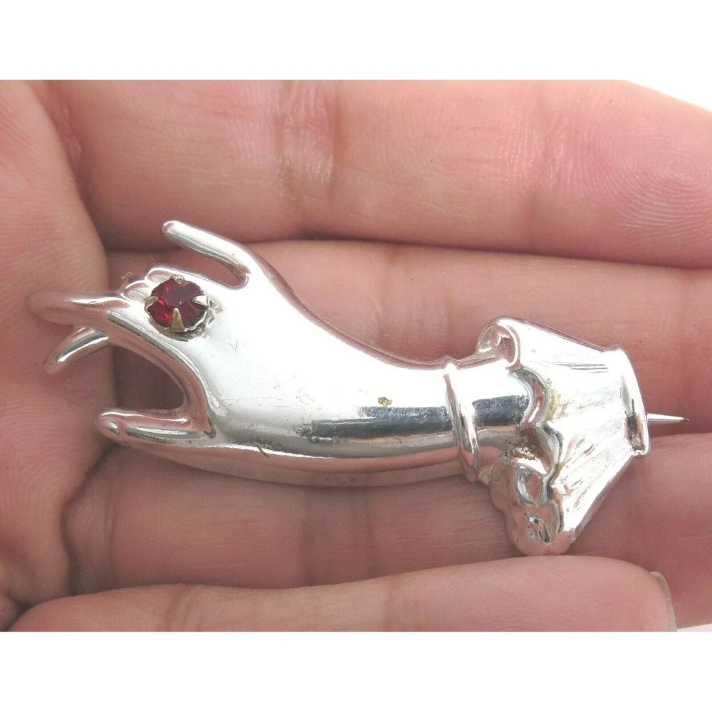 Vintage ART DECO Silver Plated HAND Brooch Figural Rhinestone Accent C-clasp PIN